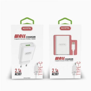 Carregador AC307 1USB 2.1A - Cabo Type C Branco