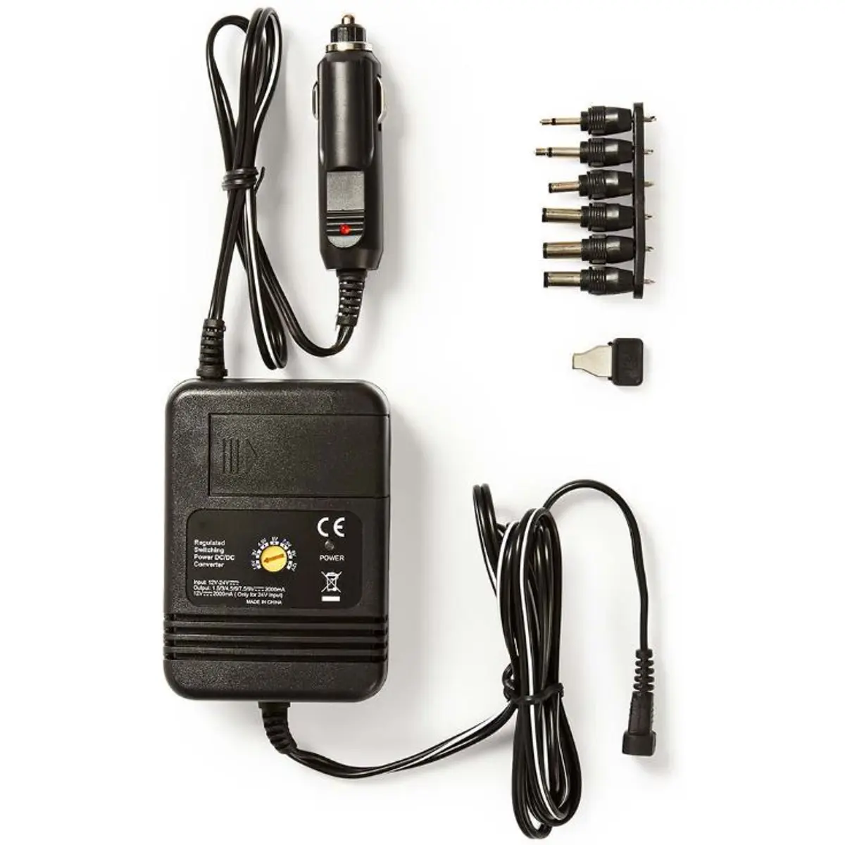 Nedis DCPA004 - Fonte de alimentação c/ ficha isqueiro 12..24VDC > 1,5/3/4,5/6/7,5/9/12V DC 6W 2.0A + 6 adaptadores DC